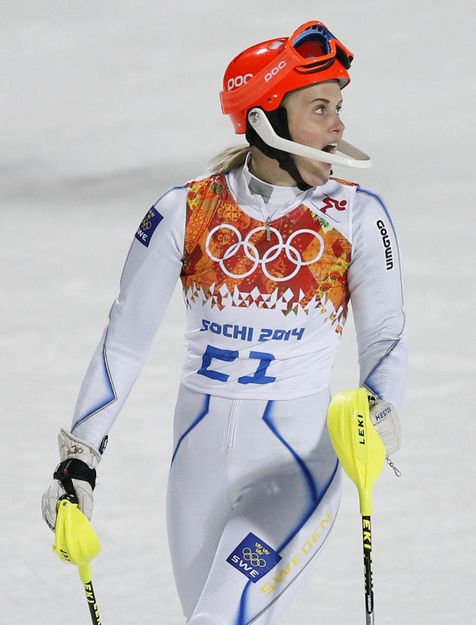 Sweden's Emelie Wikstroem reacts after finishing the second run of the women's slalom at the Sochi 2014 Winter Olympics, Friday, Feb. 21, 2014, in Krasnaya Polyana, Russia. (AP Photo/Christophe Ena)