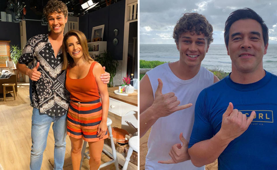 Left: Matt Evans and Ada Nicodemou take a photo together on the Home and Away set. Right: Matt Evans and James Stewart pose on Palm Beach.