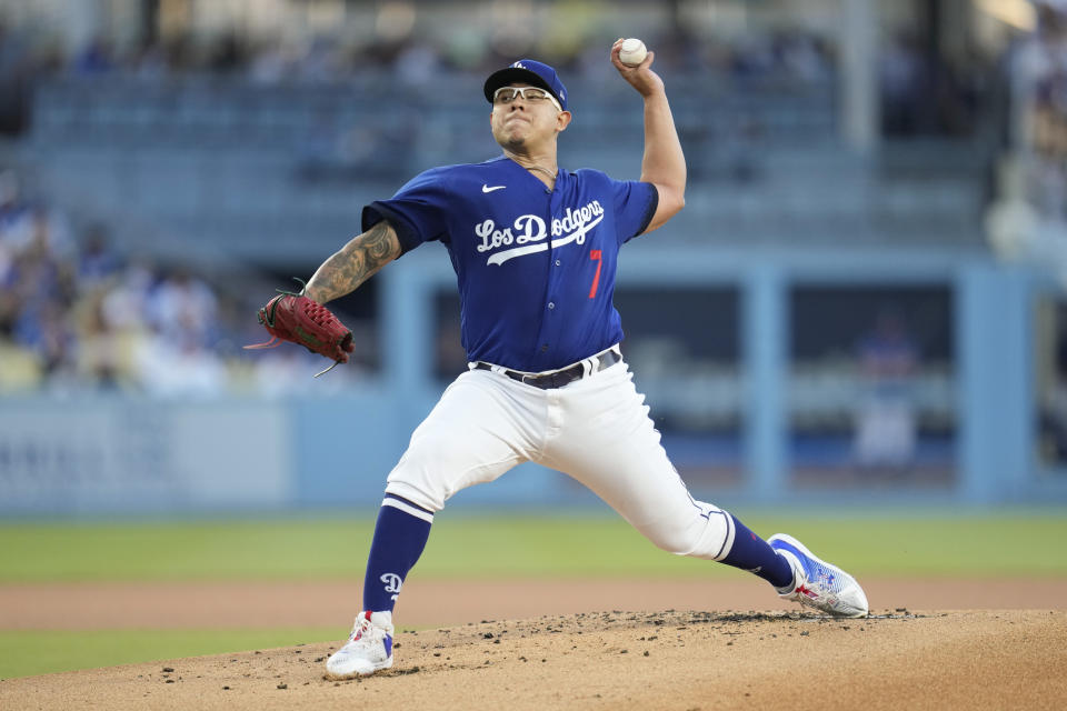 Los Angeles Dodgers starting pitcher Julio Urias (7) throws during the first inning of a baseball game against the Oakland Athletics in Los Angeles, Thursday, Aug. 3, 2023. (AP Photo/Ashley Landis)