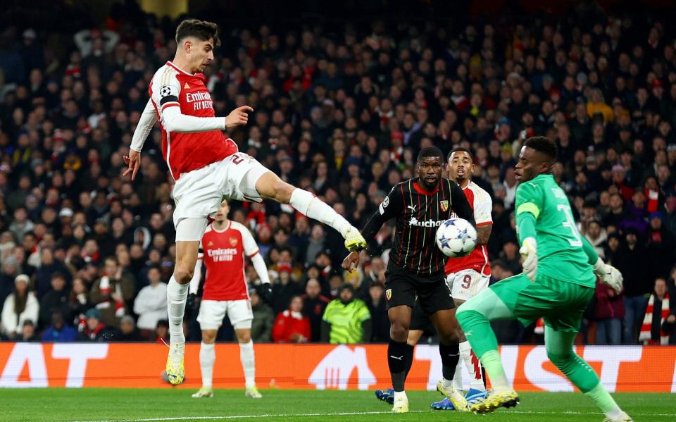 Arsenal's Kai Havertz scores their first goal past RC Lens' Brice Samba