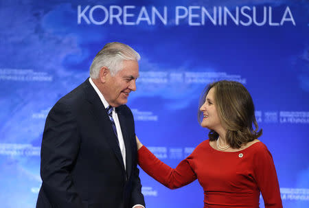 U.S. Secretary of State Rex Tillerson speaks with Canada’s Minister of Foreign Affairs Chrystia Freeland during the Foreign Ministers’ Meeting on Security and Stability on the Korean Peninsula in Vancouver, British Columbia, Canada, January 16, 2018. REUTERS/Ben Nelms