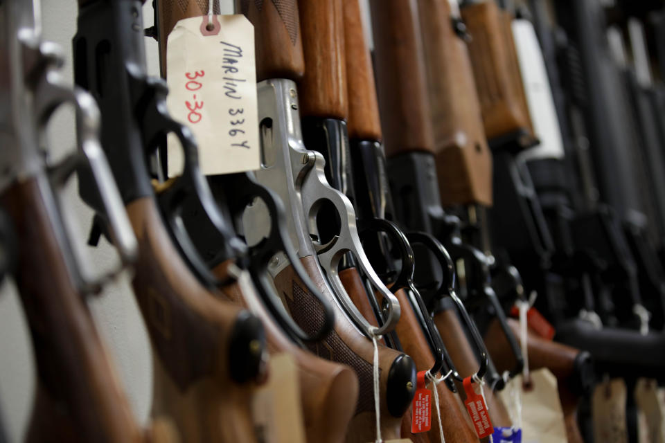 MANASSAS, USA - MARCH 17: Weapons on display at a gun shop in Manassas, Virginia, United States as gun and ammunition sales in the U.S. have skyrocketed as the coronavirus (COVID-19) pandemic spread across the country. (Photo by Yasin Ozturk/Anadolu Agency via Getty Images)