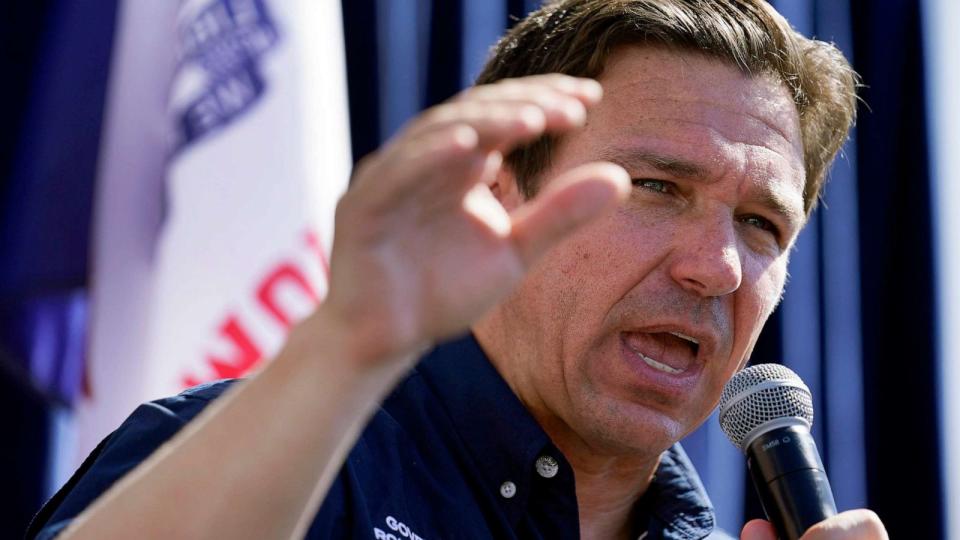 PHOTO: Republican presidential candidate Florida Gov. Ron DeSantis speaks during a Fair-Side Chat with Iowa Gov. Kim Reynolds at the Iowa State Fair, Aug. 12, 2023, in Des Moines, Iowa. (Jeff Roberson/AP)