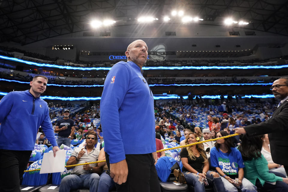 Dallas Mavericks head coach Jason Kidd walks the court before an NBA basketball game against the Dallas Mavericks in Dallas, Sunday, April 9, 2023. (AP Photo/LM Otero)