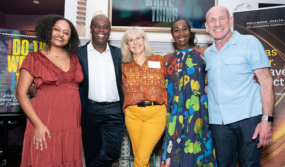 From Left Selome Hailu, Anthony Sparks, Kate Folb, Anita Dashiell-Sparks, Marty Kaplan at Do the Write Thing mixer, made for creatives and the community to come together, celebrate, and uplift unheard voices in Hollywood.