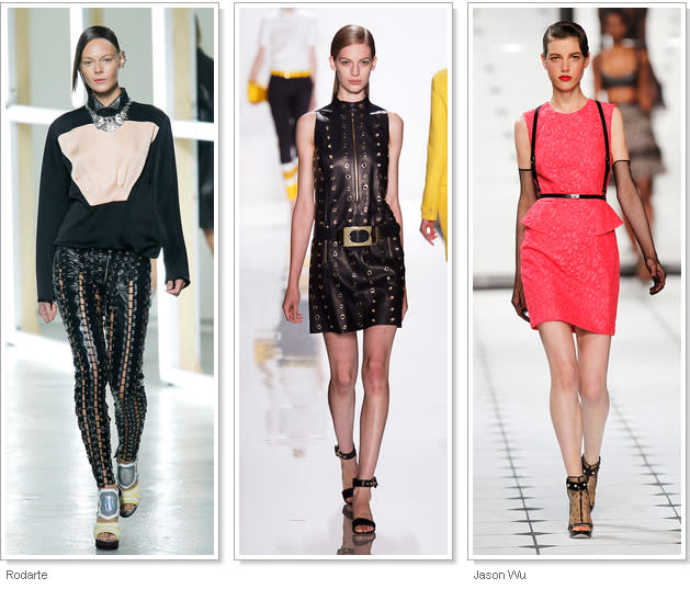 FETISHISM  Leather harnesses (Jason Wu), leather fringe (Rodarte), and a particularly unexpected use of latex (Oscar de la Renta) created an undercurrent of kink.