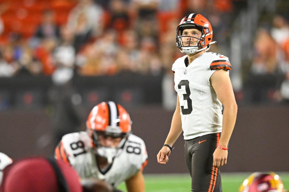 Cleveland Browns place kicker Cade York (3) looks to the goal posts before a field goal attempt Aug. 11 in Cleveland.