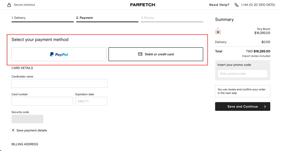 可選擇使用PayPal或一般信用卡方式付款。（圖片來源：取自FARFETCH）