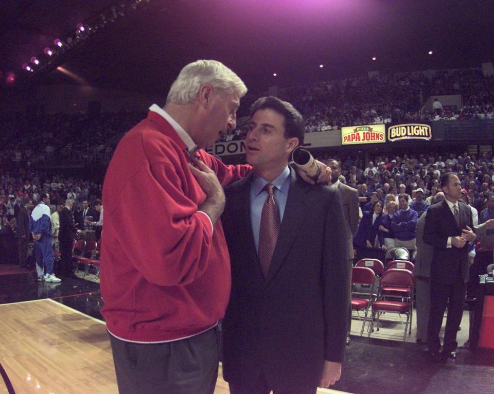 Indiana coach Bobby Knight, left, and Kentucky’s Rick Pitino greeted each other at Freedom Hall before the Wildcats obliterated the Hoosiers 99-65 in 1996.