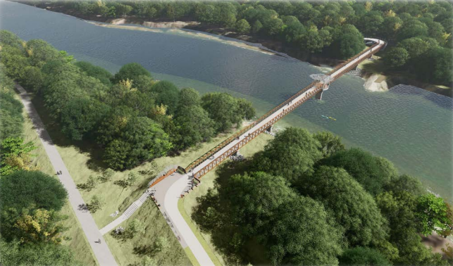 A rendering of the Athene Bridge that will connect Raccoon River Park to Walnut Woods State Park. The bridge, which runs over the Raccoon River, includes an overlook in the middle.