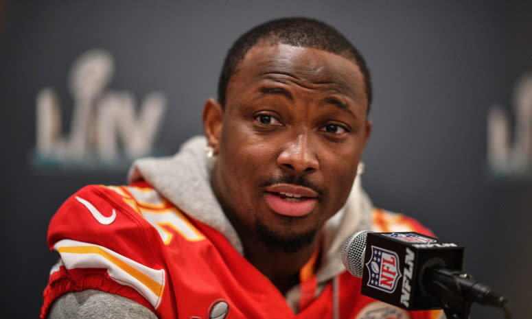 LeSean McCoy sits at the mic during Super Bowl week.