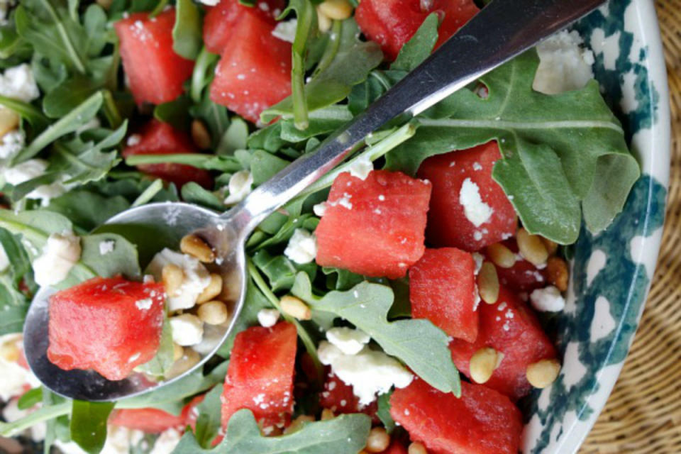 <p>Recipe Girl</p><p>Salty feta marries beautifully with sweet watermelon and peppery arugula. </p><p><strong>Recipe here: </strong><strong><a href="http://www.recipegirl.com/2014/09/01/watermelon-feta-and-arugula-salad/" rel="nofollow noopener" target="_blank" data-ylk="slk:Watermelon, Feta & Arugula Salad;elm:context_link;itc:0;sec:content-canvas" class="link ">Watermelon, Feta & Arugula Salad</a></strong></p>