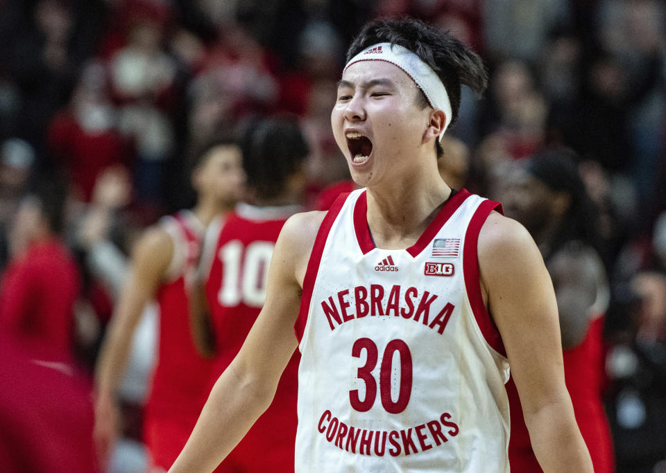 FILE.- Nebraska's Keisei Tominaga, of Japan, celebrates the team's win over Ohio State in an NCAA college basketball game on Jan. 18, 2023, in Lincoln, Neb. The exuberant sharpshooter known as "the Japanese Steph Curry" also building a big fan following at Nebraska in what otherwise is another dismal season for the Cornhuskers. (Taylor Robinson/Lincoln Journal Star via AP, File)