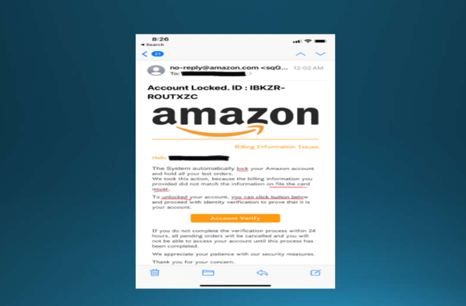 Example of an email scam that appears to be from Amazon.