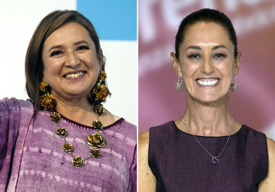 FILES - This combination of two file photos shows Xochitl Galvez, at left, arriving to register her name as a presidential candidate on July 4, 2023 in Mexico City, and at right, Claudia Sheinbaum at an event that presented her as her party's presidential nominee on Sept. 6, 2023 in Mexico City. In a country of more than 98 million Catholics, neither Galvez or Sheinbaum has shared specific proposals on abortion. (AP Photo/Fernando Llano, Files)