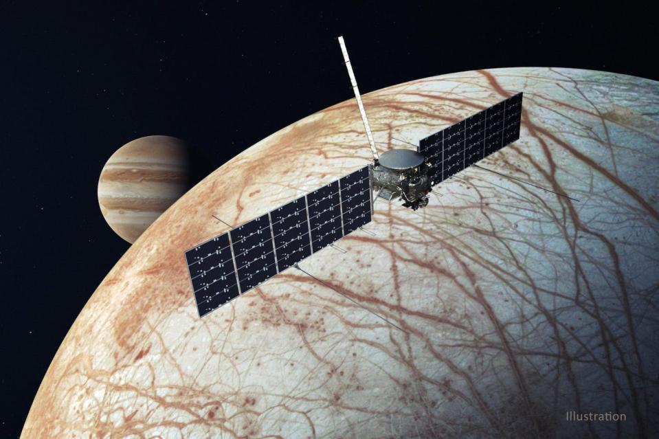 Illustration of what the Europa Clipper spacecraft will look like flying by Europa, a moon of Jupiter. <a href="https://www.jpl.nasa.gov/images/pia24321-europa-clipper-spacecraft-illustration" rel="nofollow noopener" target="_blank" data-ylk="slk:NASA/JPL-Caltech;elm:context_link;itc:0;sec:content-canvas" class="link ">NASA/JPL-Caltech</a>