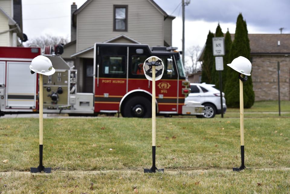 Hard hats rest atop shovels prior to the groundbreaking ceremony at the future site of the new Port Huron Fire Department Central Station at the 1400 block of 10th St., in Port Huron, on Thursday, Dec. 8, 2022.