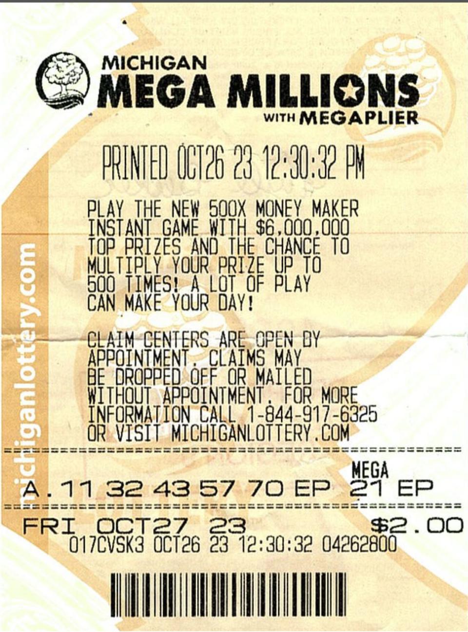 Kyle Becker's winning Mega Millions ticket is shown.