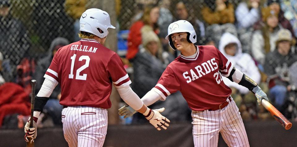 Sardis's Carson Gillilan celebrates after scoring a run against Glencoe during the Etowah County Baseball Tournament in Hokes Bluff, Alabama February 29, 2024. (Dave Hyatt: The Gadsden Times)