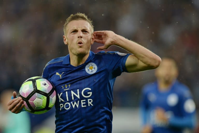 Leicester City's English striker Jamie Vardy celebrates after scoring during a English Premier League football match between Leicester City and Swansea City at King Power Stadium in Leicester on August 27, 2016, which Leicester won 2-1