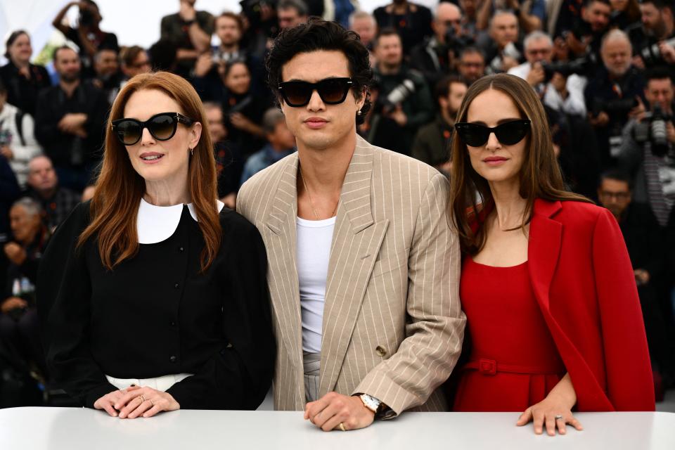 From left: Julianne Moore, Charles Melton and Natalie Portman during a photocall for ‘May December’ at the Cannes Film Festival (Getty Images)