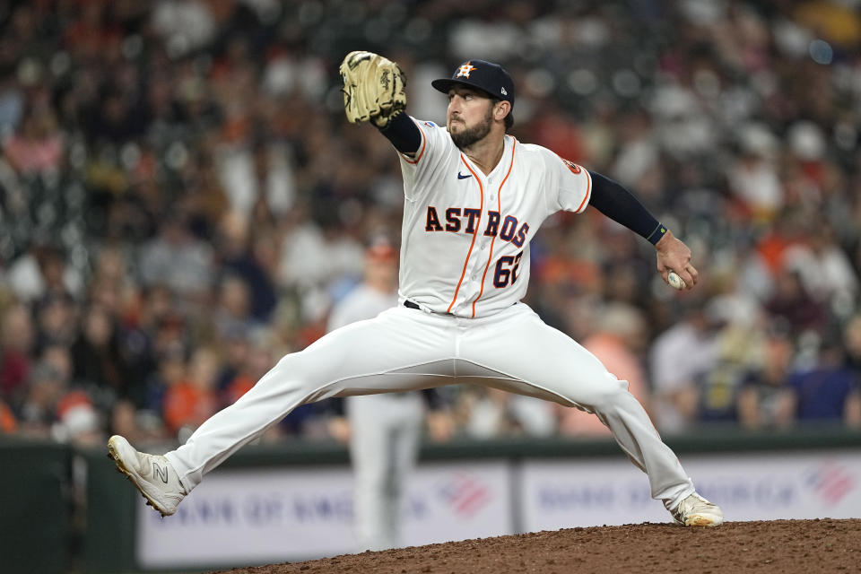 Houston Astros relief pitcher Bennett Sousa throws against the Baltimore Orioles during the eighth inning of a baseball game Tuesday, Sept. 19, 2023, in Houston. (AP Photo/David J. Phillip)