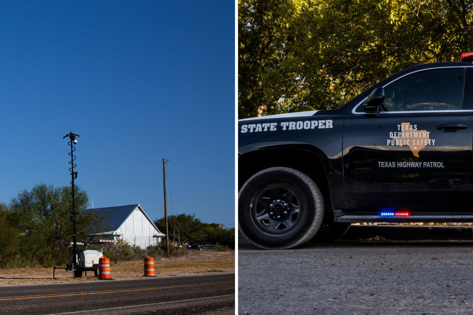 Solar-powered surveillance equipment sits on the side of Highway 674, or N Ann St, just outside Brackettville; A Texas Department of Public Safety State Trooper vehicle sits outside the Kinney County Sheriff Department in Bracketville. (Kaylee Greenlee Beal for NBC News)
