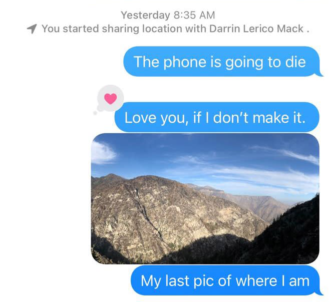 Image: A text message Rene Compean sent to his friend when he realized he was lost and just before his phone died. (Courtesy Rene Compean)