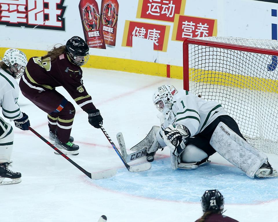 Canton goalie junior Carolyn Durand tries to cover up the puck while Algonquin/Hudson freshman Alexandria Davies goes on the attack of the Division 2 state title game against Algonquin/Hudson at the TD Garden on Sunday, March 20, 2022.