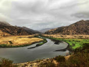 Water flows at the inflow to Lake Kaweah, a large reservoir in Three Rivers, Calif., Monday, Oct. 25, 2021. (AP Photo/Brian Melley)