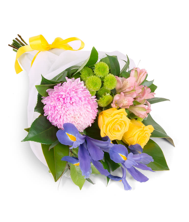 Maggie bouquet, which is a mix of alstroemeria, bouquet, bright, chrysanthemum, disbud, and roses, from $71