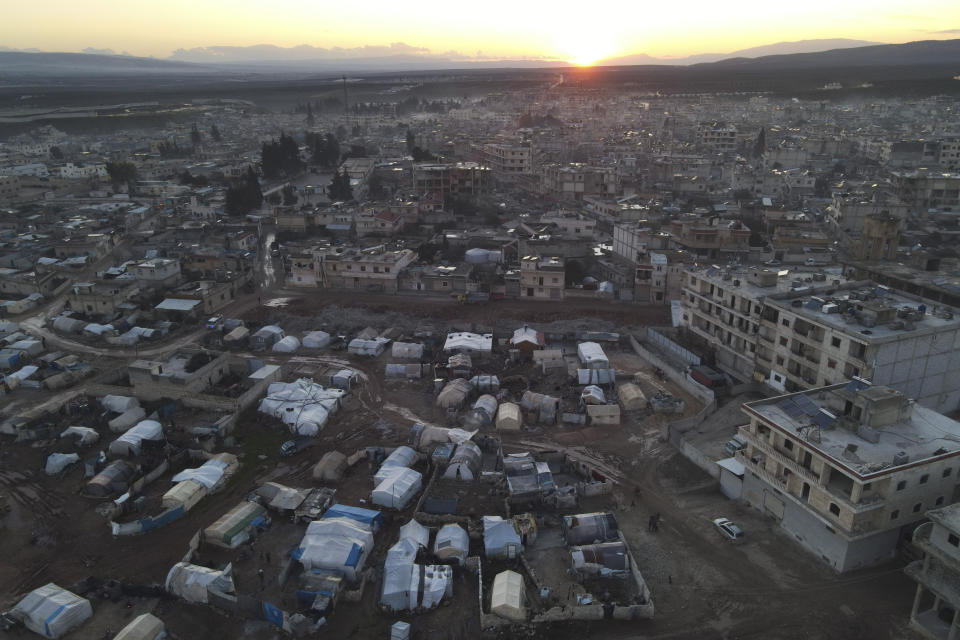 Tents of the people displaced by the February 2023 earthquake are seen in the Jinderis, Syria, on Jan. 27, 2024. (AP Photo/Omar Albam)