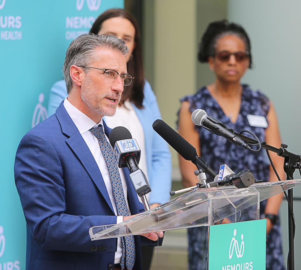 Delaware Secretary of Education Mark Holodick speaks at a press conference on Monday, May 8, 2023, where legislation was announced that hopes to address lead remediation in homes and schools. Holodick has also pledged to take a "Filter First" approach to remediating lead contamination in school drinking water.