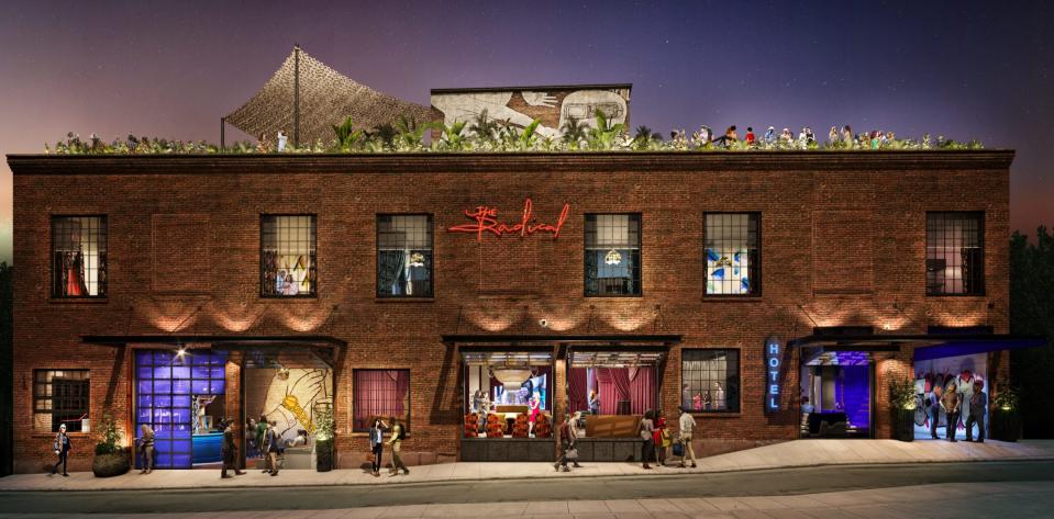 An art rendering of The Radical, a boutique hotel renovated from a former warehouse in the River Arts District.