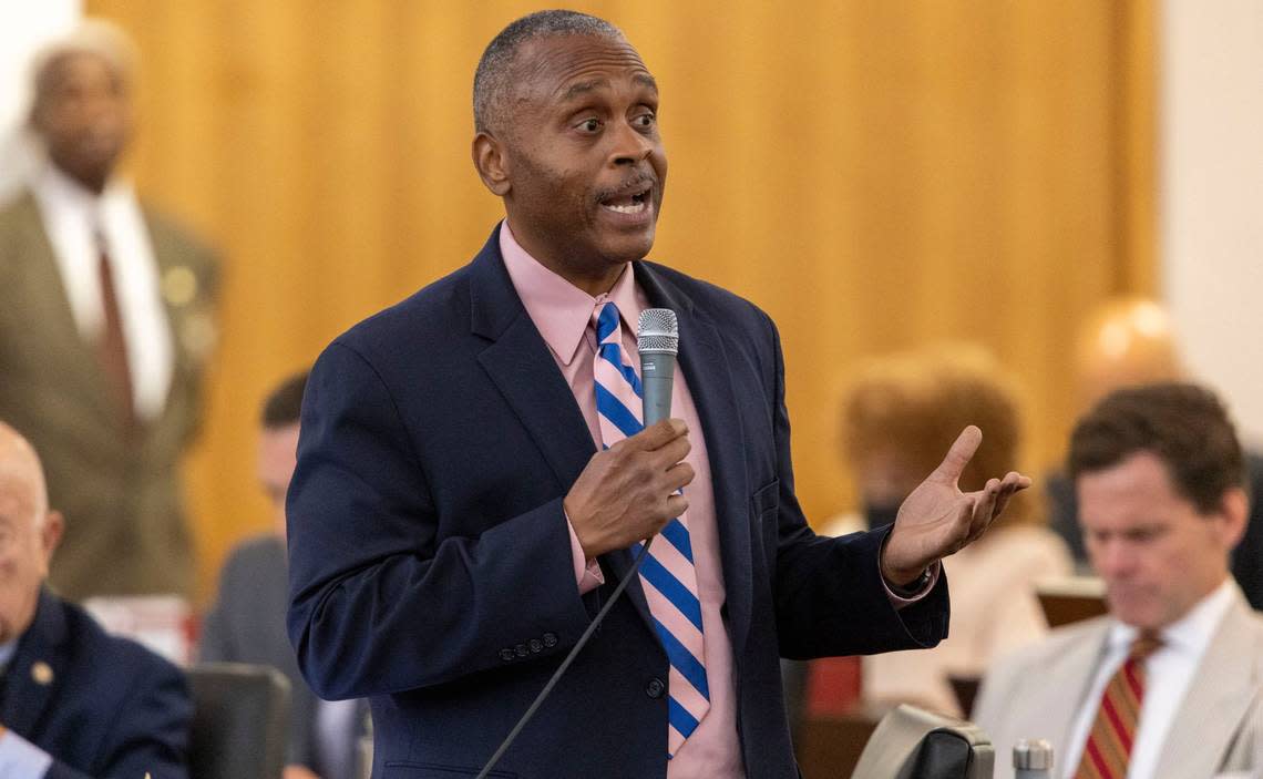 House Democratic Leader Rep. Robert Reives speaks during debate on HB 103, the proposed North Carolina State Budget, on Thursday, June 30, 2022 in Raleigh, N.C. Reives voiced concerns about the budget process, and the lack Medicaid expansion.