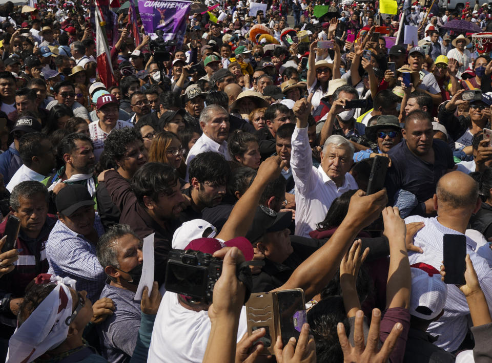 Mexican President Andrés Mexican President Andrés Manuel Lopez Obrador joins a march in support of his administration, in Mexico City, Sunday, Nov. 27, 2022.(AP Photo/Fernando Llano)