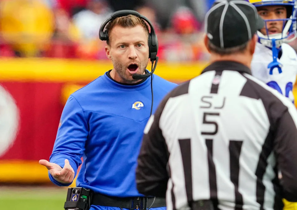 Nov 27, 2022; Kansas City, Missouri, USA; Los Angeles Rams head coach Sean McVay reacts to a replay review during the first half against the Kansas City Chiefs at GEHA Field at Arrowhead Stadium. Mandatory Credit: Jay Biggerstaff-USA TODAY Sports