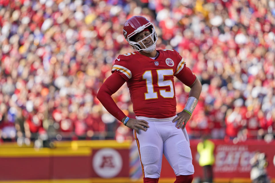Kansas City Chiefs quarterback Patrick Mahomes reacts to a penalty call against the Chiefs during the first half of an NFL football game against the Buffalo Bills Sunday, Oct. 16, 2022, in Kansas City, Mo. (AP Photo/Ed Zurga)