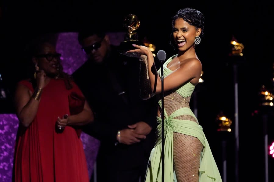 Tyla accepts the award for best african music performance for “Make Me Water” during the 66th annual Grammy Awards on Sunday, Feb. 4, 2024, in Los Angeles. (AP Photo/Chris Pizzello)