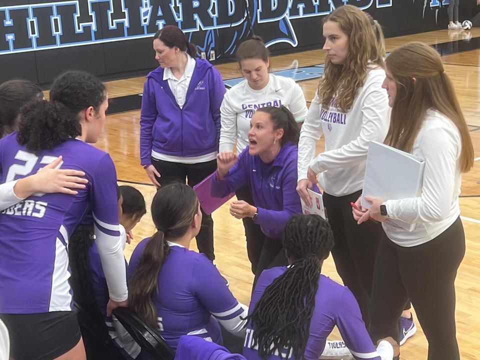 Pickerington Central coach Jeannie Krueger talks to her team during Thursday night's Division I regional semifinal.