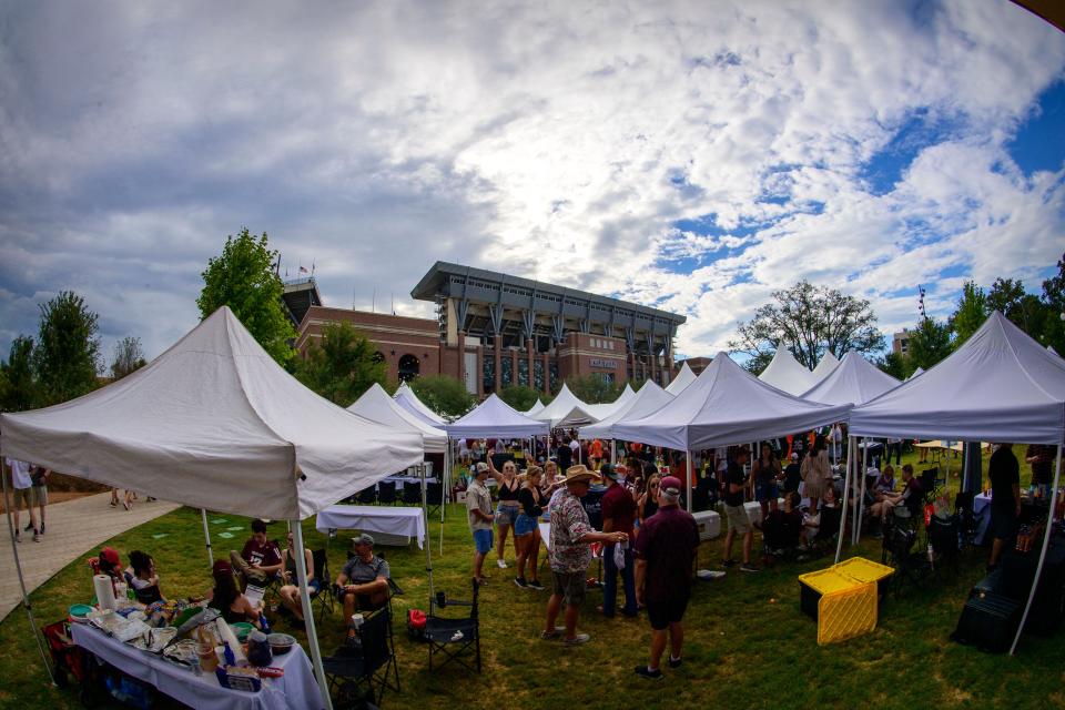 Sep 17, 2022; College Station, Texas, USA; A view of the stadium and the tailgater fan tents before the game between the Texas A&M Aggies and the Miami Hurricanes at Kyle Field. Mandatory Credit: Jerome Miron-USA TODAY Sports