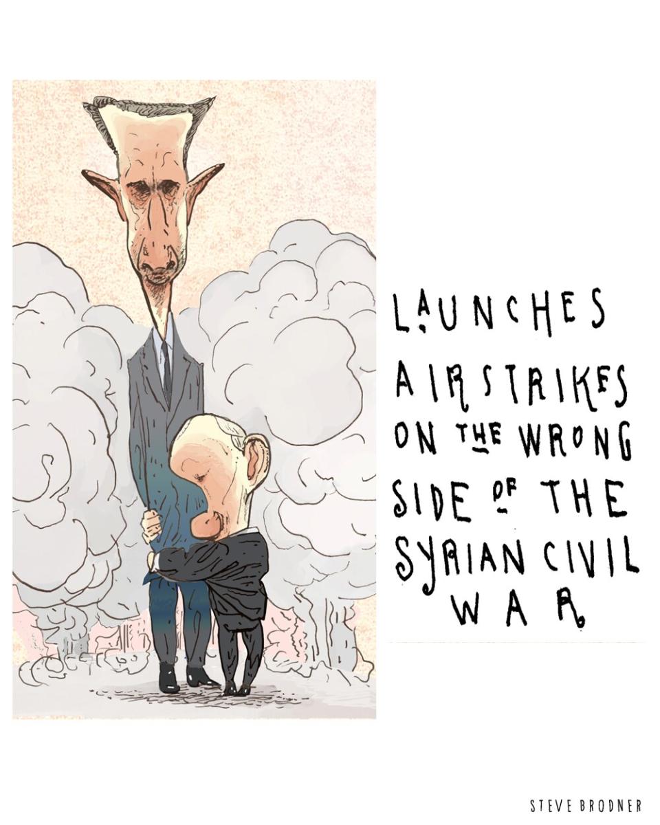 Caricature of Putin hugging a tall man. Text: "Launches airstrikes on the wrong side of the Syrian Civil War"