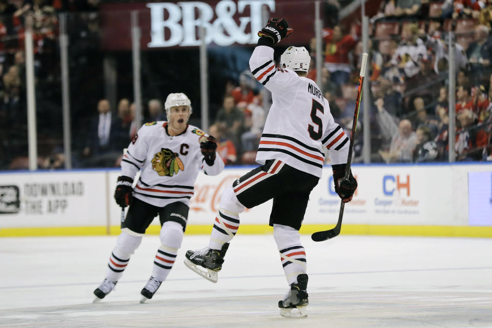 Chicago Blackhawks defenseman Connor Murphy (5) reacts after scoring during the second period of an NHL hockey game against the Florida Panthers, Saturday, Feb. 29, 2020, in Sunrise, Fla. (AP Photo/Brynn Anderson)