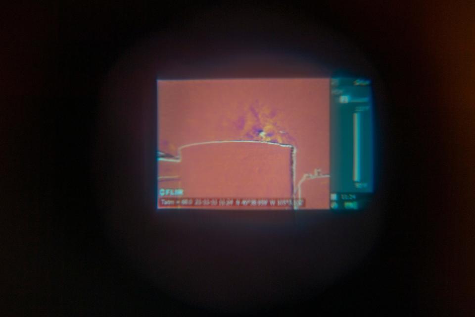 An image from thermal camera on Nov. 11 shows hydrocarbons emitting from an oil and produced water storage site operated by Prospect Energy LLC, north of Fort Collins.