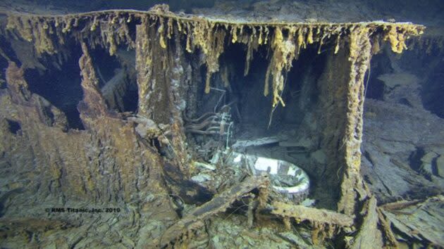 The bathtub in Captain Edward Smith’s private bathroom was still visible within the Titanic shipwreck in a 2010 photo. Smith’s bedroom was in the empty space to the right. (RMS Titanic Inc. Photo)