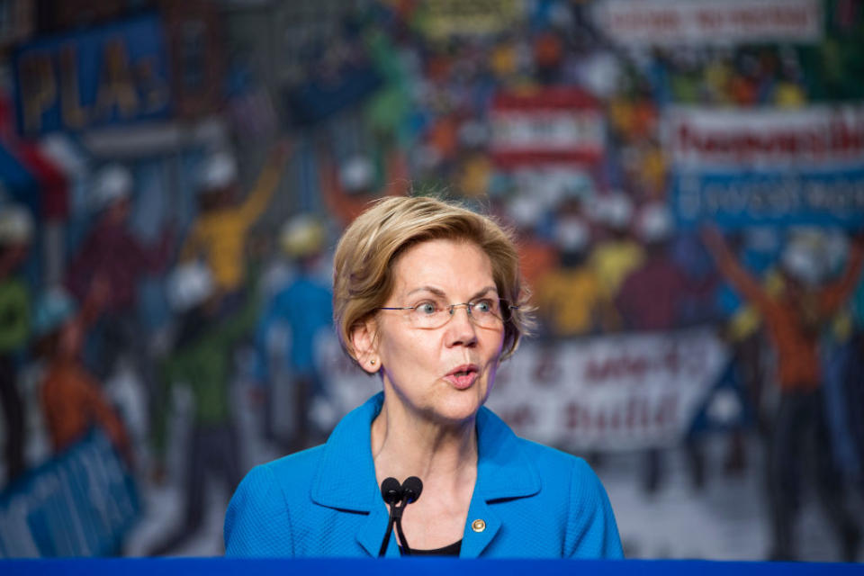 Sen. Elizabeth Warren (D-MA) speaks during the North American Building Trades Unions Conference at the Washington Hilton April 10, 2019 in Washington, DC. | Zach Gibson—Getty Images