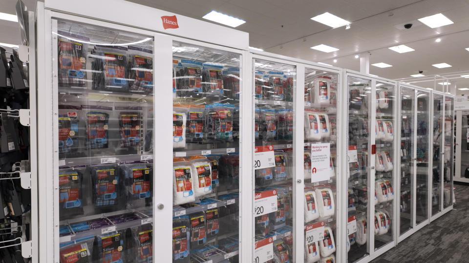 Target puts socks, underwear behind locked cases to prevent theft. (Courtesy: Yahoo Finance)