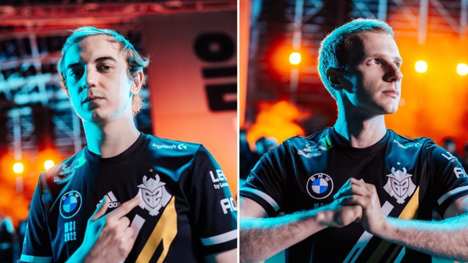 Composite picture of G2 players caPs pointing to the badge on his jersey and Jankos posing. (Photo: Riot Games)