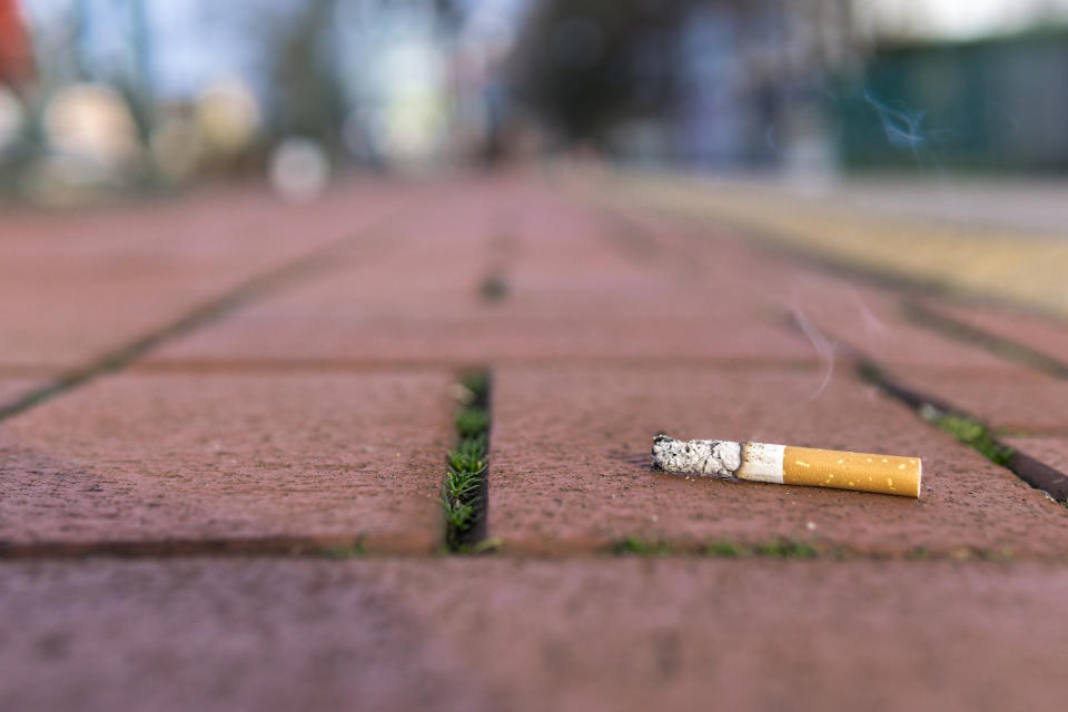 A cigarette butt on a brick ground