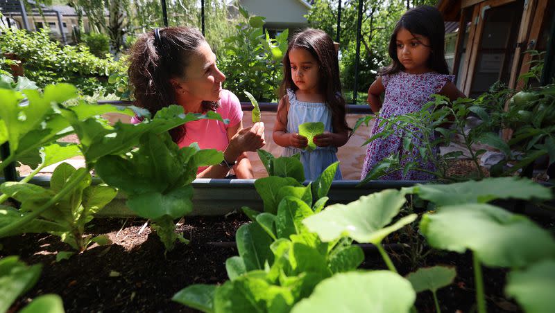 Dr. Bonnie Feola shows Mila and Arianna Gill some lettuce from her garden at her home in Salt Lake City on Wednesday, July 26, 2023. Feola works with kids and parents on learning about eating healthy and how to prepare food,